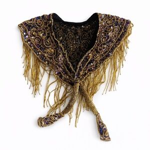 Vintage 70s Purple Gold Beaded Sequin Fringe Capelet Shawl Boho Glam Wrap